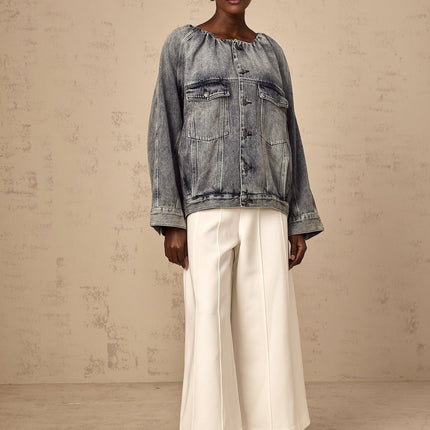 Tatiana Blue Cotton Jacket with Faded Effect and Shirred Detail