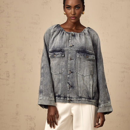 Tatiana Blue Cotton Jacket with Faded Effect and Shirred Detail