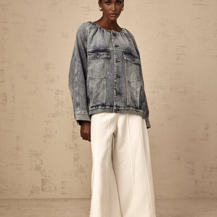 Tatiana Blue Cotton Jacket with Faded Effect and Shirred Detail