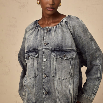 Tatiana Blue Cotton Jacket Faded Effect Shirred Detail Buttoned Cuffs Flap Pockets