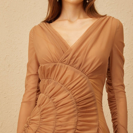 Tatiana Brown Tulle Mini Dress V-Neck Long Sleeves Ruched Fitted Waist Bubble Hem Shirred Panel Side Zip Fastening Thigh Length