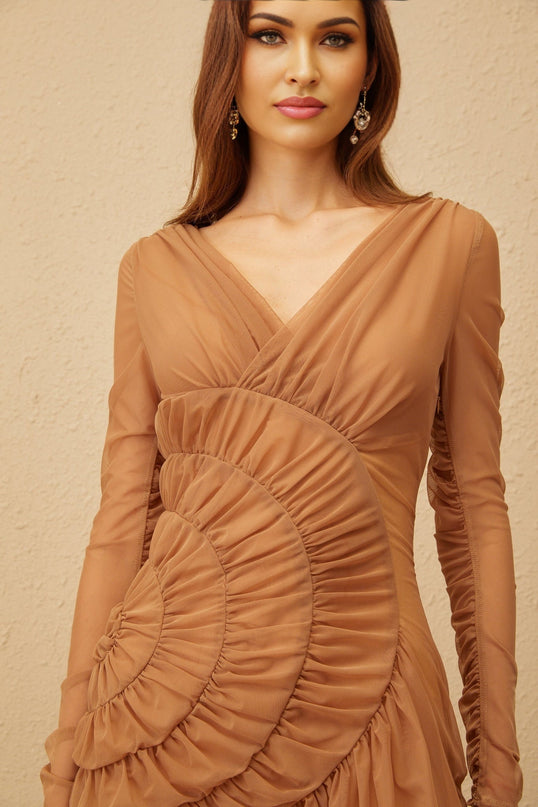 Tatiana Brown Tulle Mini Dress V-Neck Long Sleeves Ruched Fitted Waist Bubble Hem Shirred Panel Side Zip Fastening Thigh Length