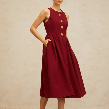 Tatiana Red Midi Dress with Pleated Detailing and Flower-Motif Buttons