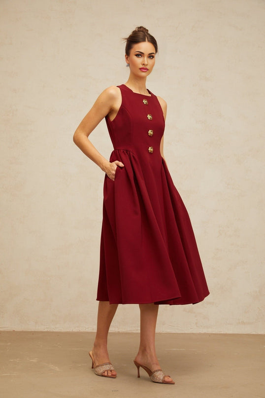 Tatiana Red Midi Dress with Pleated Detailing and Flower-Motif Buttons