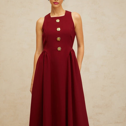 Tatiana Red Midi Dress with Pleated Detailing and Flower-Motif Buttons