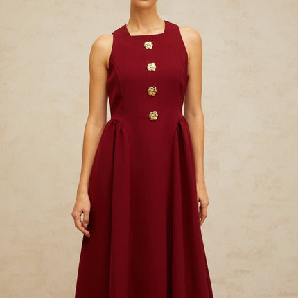 Tatiana Red Pleated Midi Dress with Flower Buttons