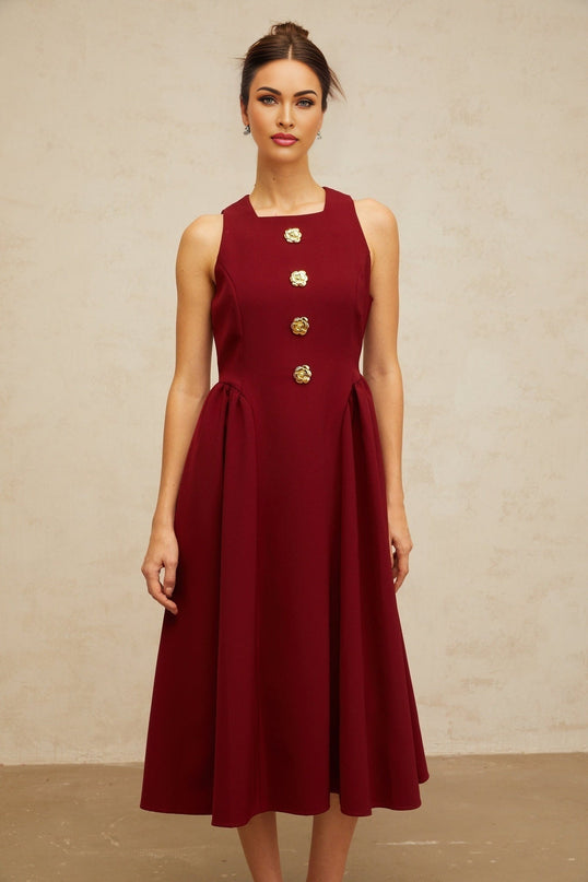 Tatiana Red Pleated Midi Dress with Flower Buttons