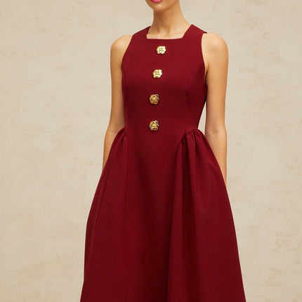 Tatiana Red Pleated Midi Dress with Flower-Motif Buttons