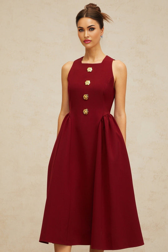 Tatiana Red Pleated Midi Dress with Flower-Motif Buttons