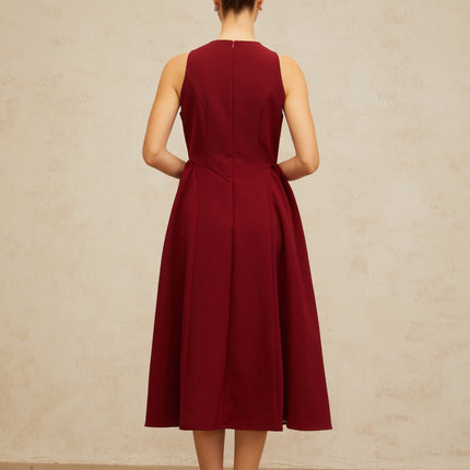 Tatiana Red Pleated Midi Dress with Flower-Motif Buttons