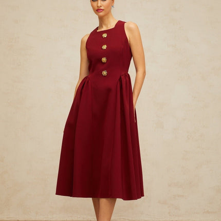 Tatiana Red Pleated Midi Dress with Flower-Motif Buttons