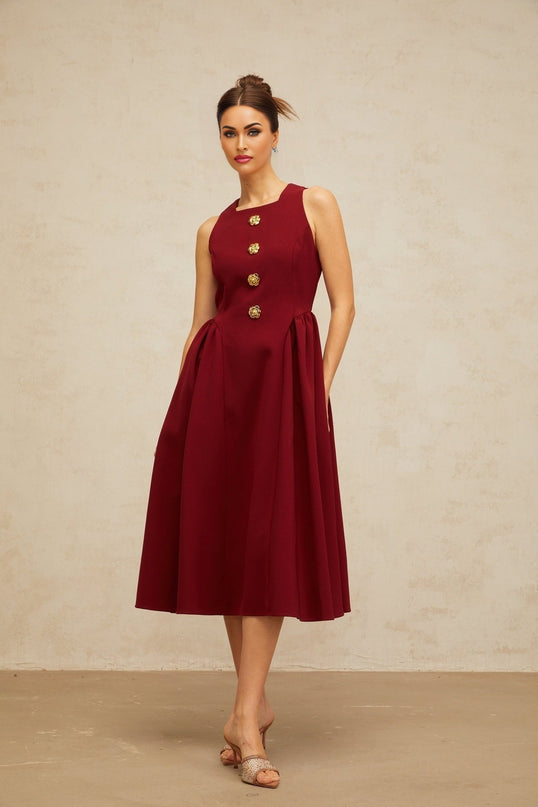 Tatiana Red Pleated Midi Dress with Flower-Motif Buttons