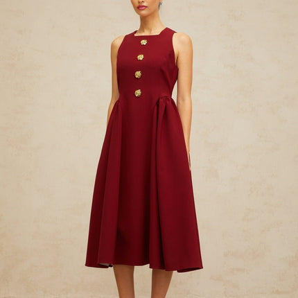 Tatiana Red Pleated Midi Dress with Flower-Motif Buttons