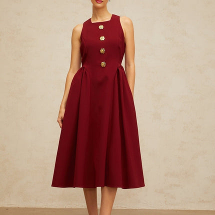 Tatiana Red Pleated Midi Dress with Flower-Motif Buttons