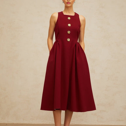 Tatiana Wine Red Pleated Midi Dress with Flower-Motif Buttons