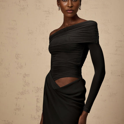 Taylor Black Tulle Panel Off-Shoulder Midi Dress