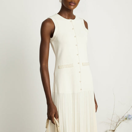 Taylor White Faux Pearl Pleated Bouquet Midi Dress