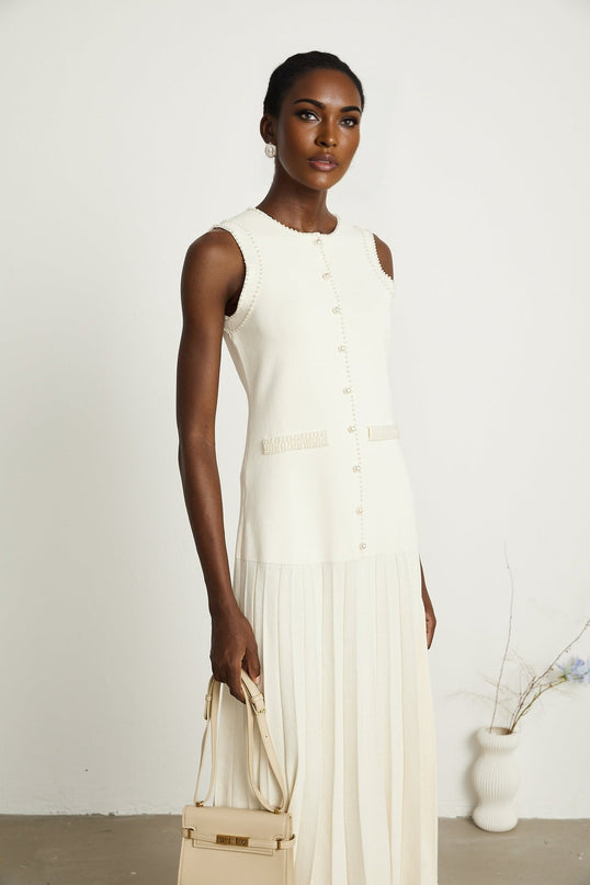 Taylor White Faux Pearl Pleated Bouquet Midi Dress