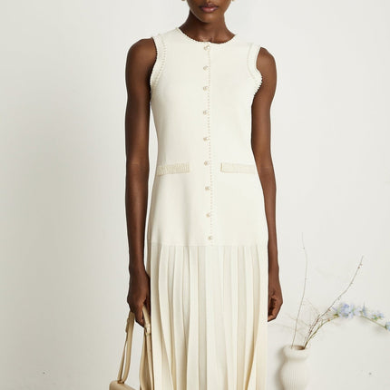 Taylor White Midi Dress Faux Pearl Pleated Bouquet