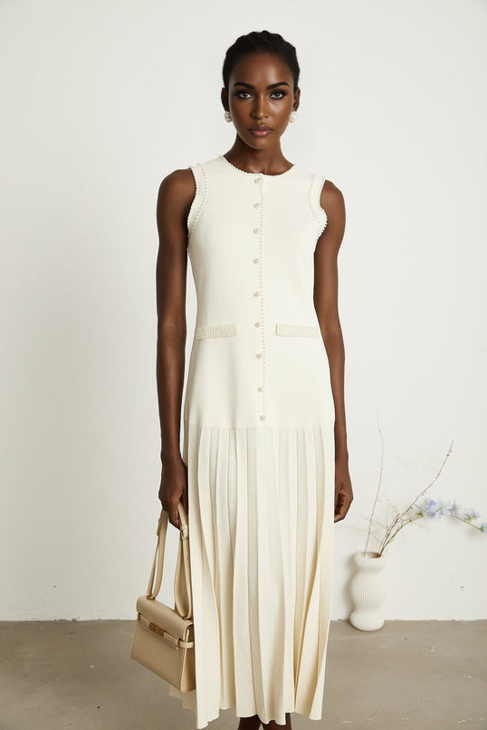 Taylor White Midi Dress Faux Pearl Pleated Bouquet