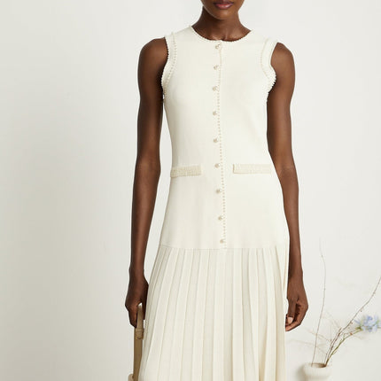 Taylor White Midi Dress Faux Pearl Pleated Bouquet