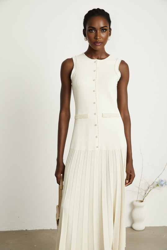 Taylor White Midi Dress Faux Pearl Pleated Bouquet