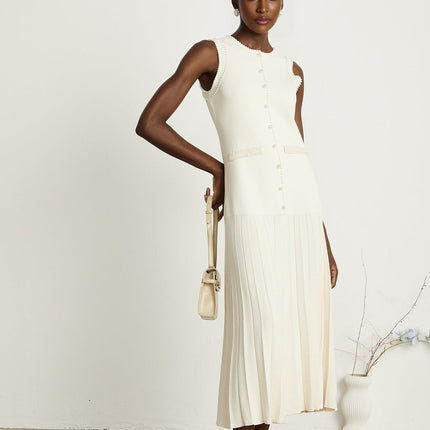 Taylor White Midi Dress Faux Pearl Pleated Bouquet