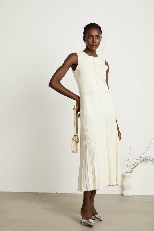 Taylor White Midi Dress Faux Pearl Pleated Bouquet