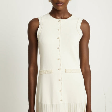 Taylor White Midi Dress Faux Pearl Pleated Bouquet
