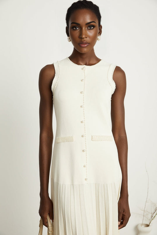 Taylor White Midi Dress Faux Pearl Pleated Bouquet