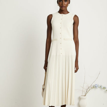 Taylor White Midi Dress Faux Pearl Pleated Bouquet