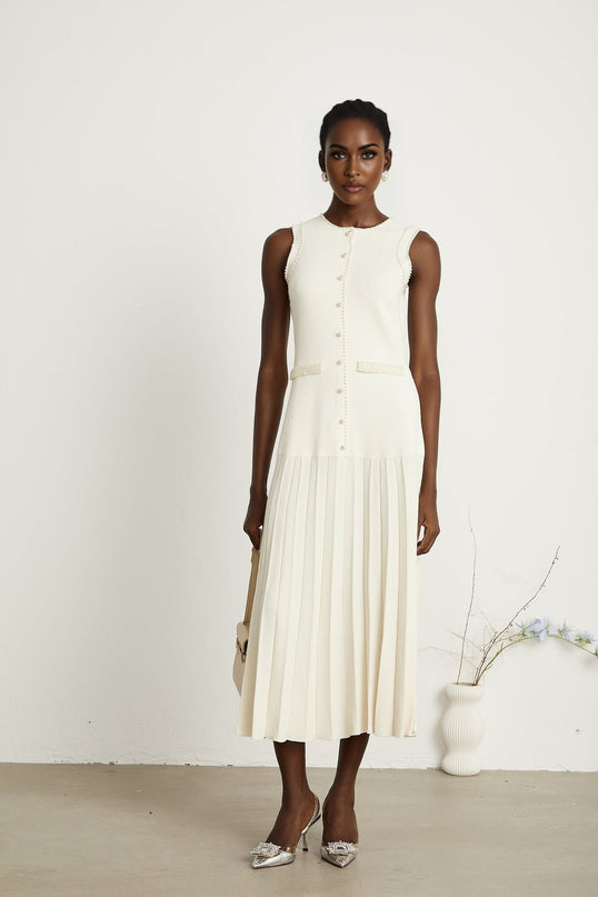 Taylor White Midi Dress Faux Pearl Pleated Bouquet