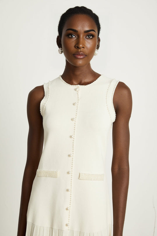 Taylor White Midi Dress Faux Pearl Pleated Bouquet