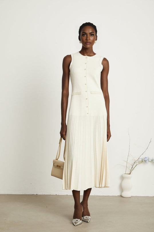 Taylor White Midi Dress Faux Pearl Pleated Bouquet