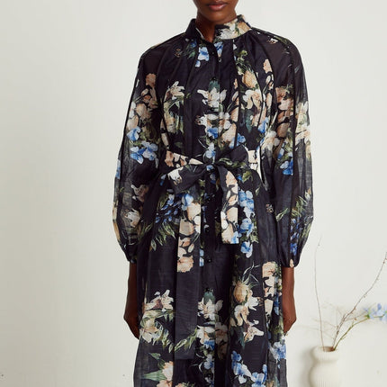 Teagan Black Floral Midi Dress with Stand-Up Collar and Flounce Hem