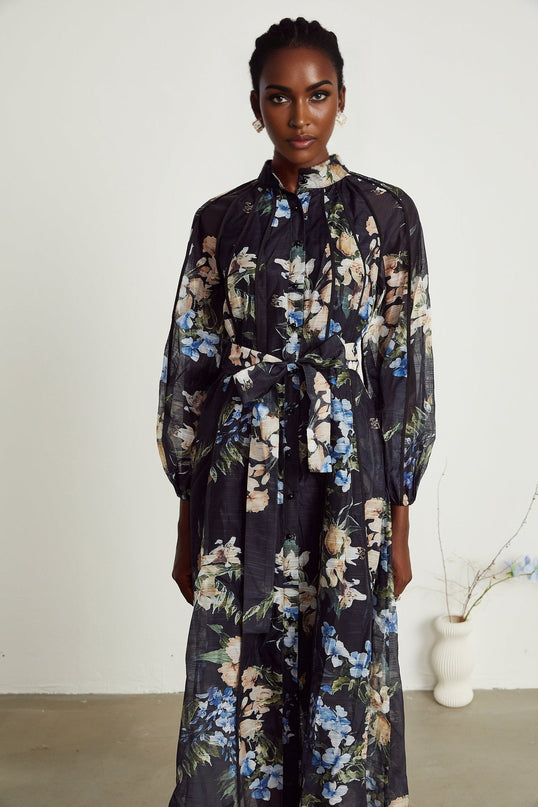 Teagan Black Floral Midi Dress with Stand-Up Collar and Flounce Hem