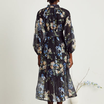 Teagan Black Floral Midi Dress with Stand-Up Collar and Flounce Hem