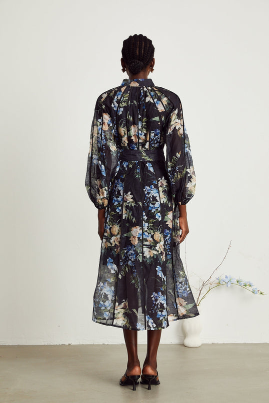 Teagan Black Floral Midi Dress with Stand-Up Collar and Flounce Hem