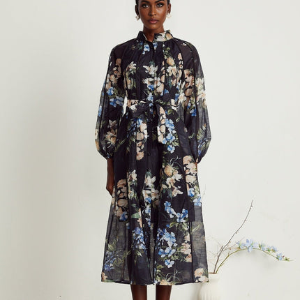 Teagan Black Floral Midi Dress with Stand-Up Collar and Flounce Hem