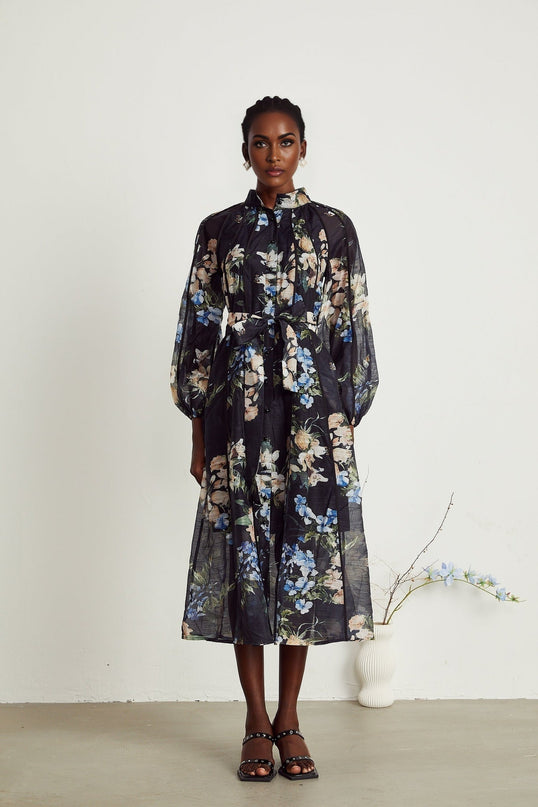 Teagan Black Floral Midi Dress with Stand-Up Collar and Flounce Hem