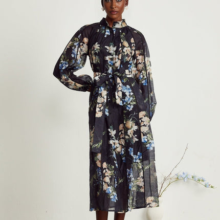 Teagan Black Floral Midi Dress with High Stand-up Collar and Flounce Hem