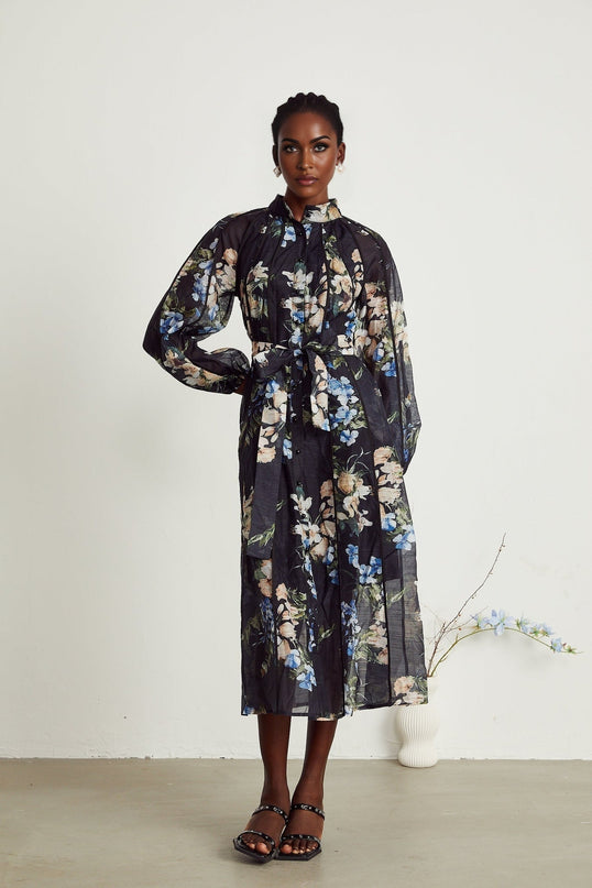 Teagan Black Floral Midi Dress with High Stand-up Collar and Flounce Hem