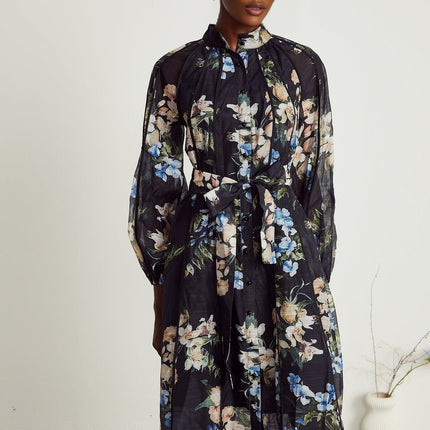 Teagan Black Floral Midi Dress with Stand-Up Collar and Flounce Hem