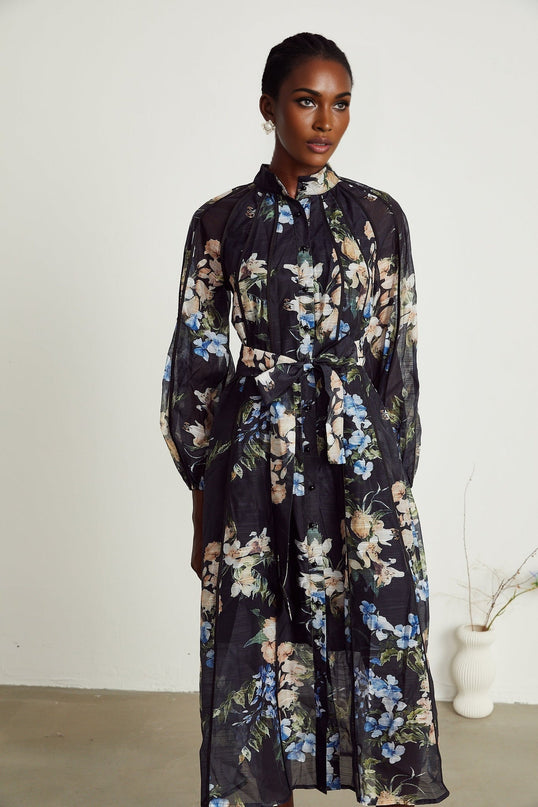 Teagan Black Floral Midi Dress with Stand-Up Collar and Flounce Hem