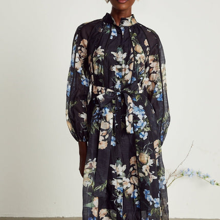 Teagan Black Floral Midi Dress with High Collar and Flounce Hem