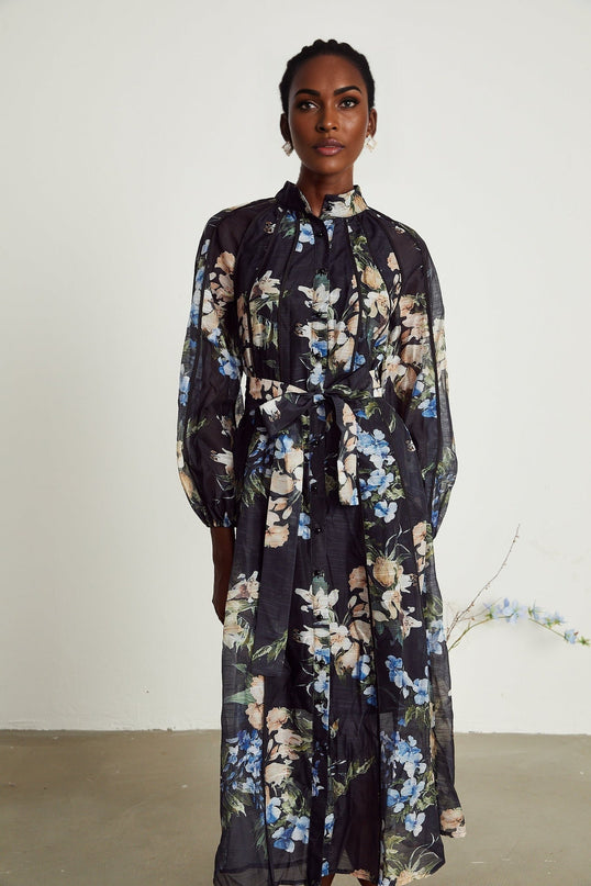 Teagan Black Floral Midi Dress with High Collar and Flounce Hem