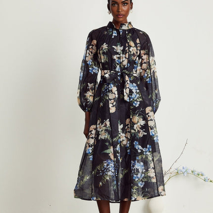 Teagan Black Floral Midi Dress with High Stand-Up Collar and Flounce Hem