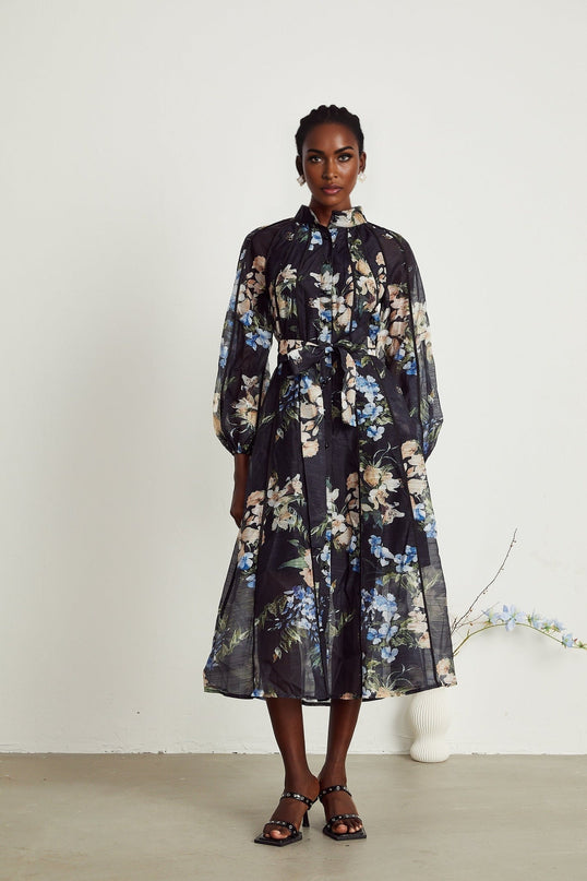 Teagan Black Floral Midi Dress with High Stand-Up Collar and Flounce Hem