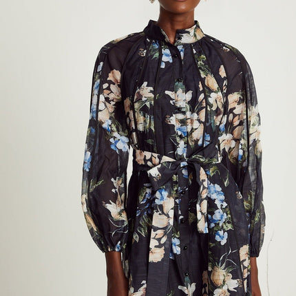 Teagan Black Floral Midi Dress with High Stand-Up Collar and Flounce Hem
