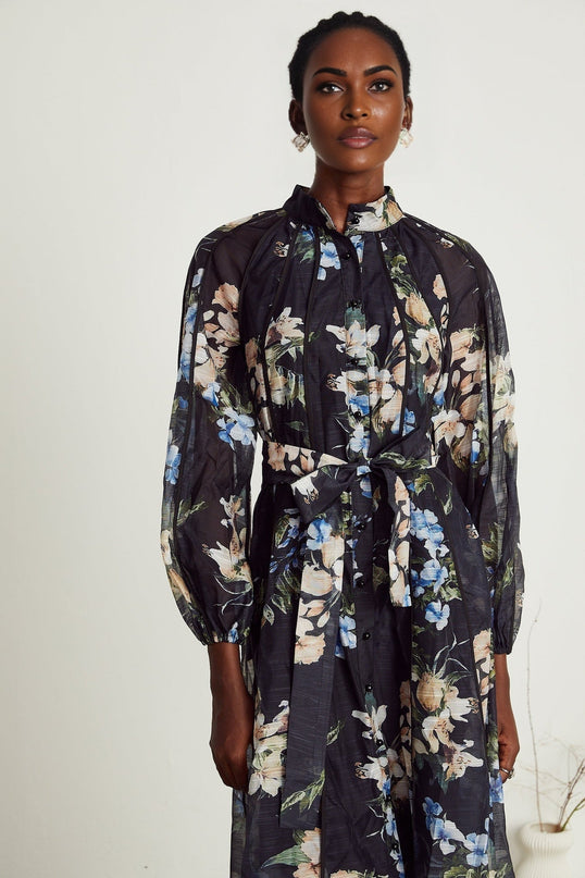 Teagan Black Floral Midi Dress with High Stand-Up Collar and Flounce Hem